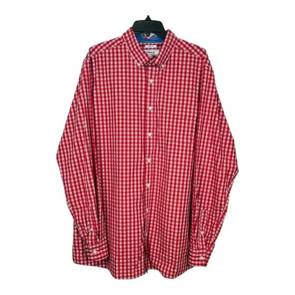 Crown & Ivy Gingham Button Down Shirt Mens XLT Red‎ White Stretch Long Sleeve